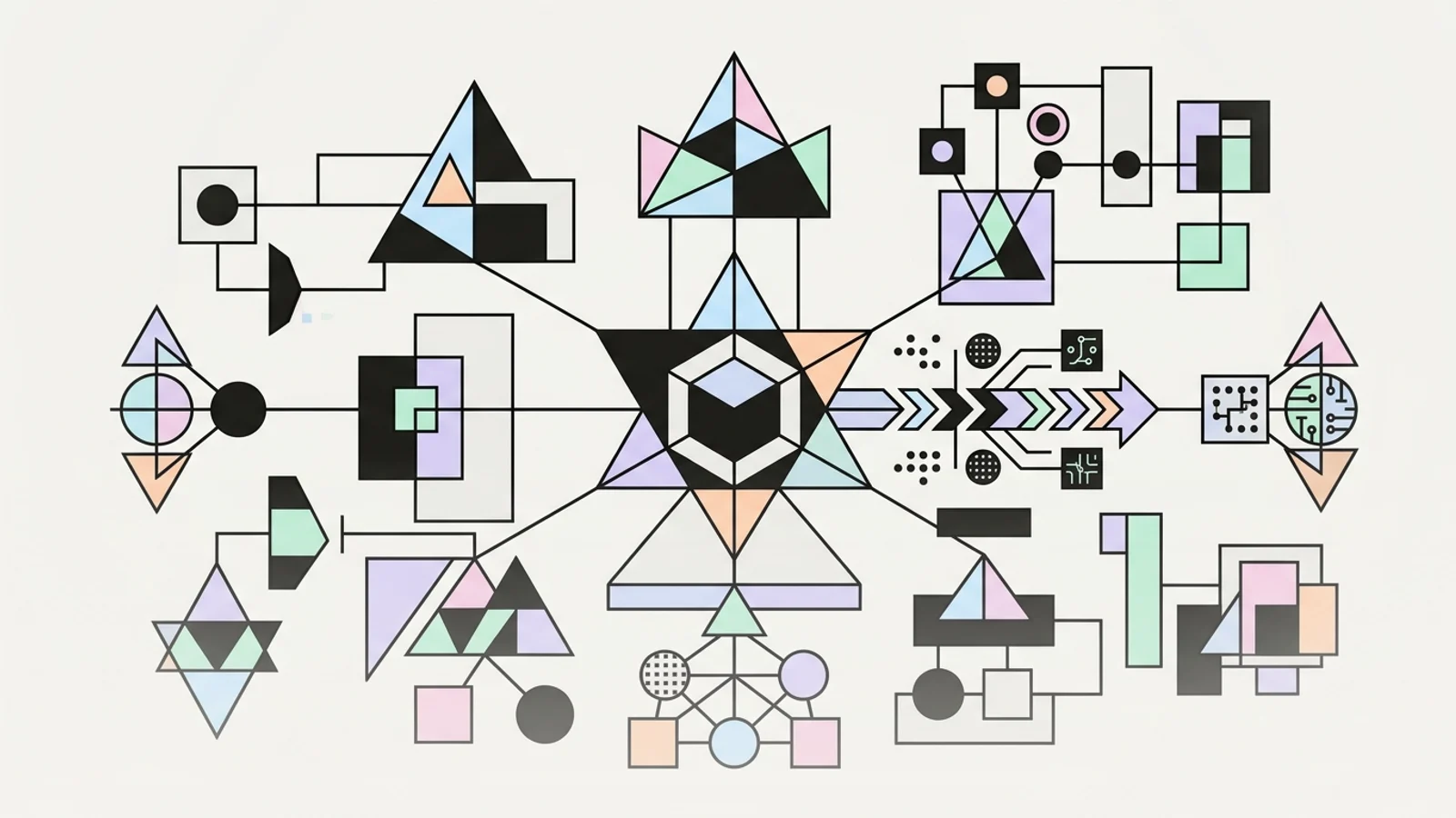 Abstract geometric illustration built from precise, deliberate shapes, illustrating: B2B Topical Authority Strategy