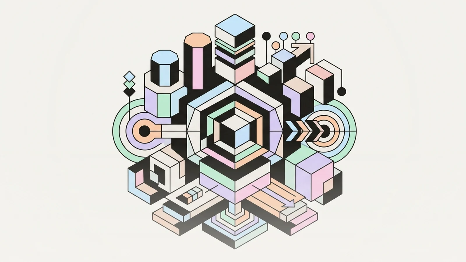 Abstract geometric illustration built from precise, deliberate shapes, illustrating: How to Build Topical Authority