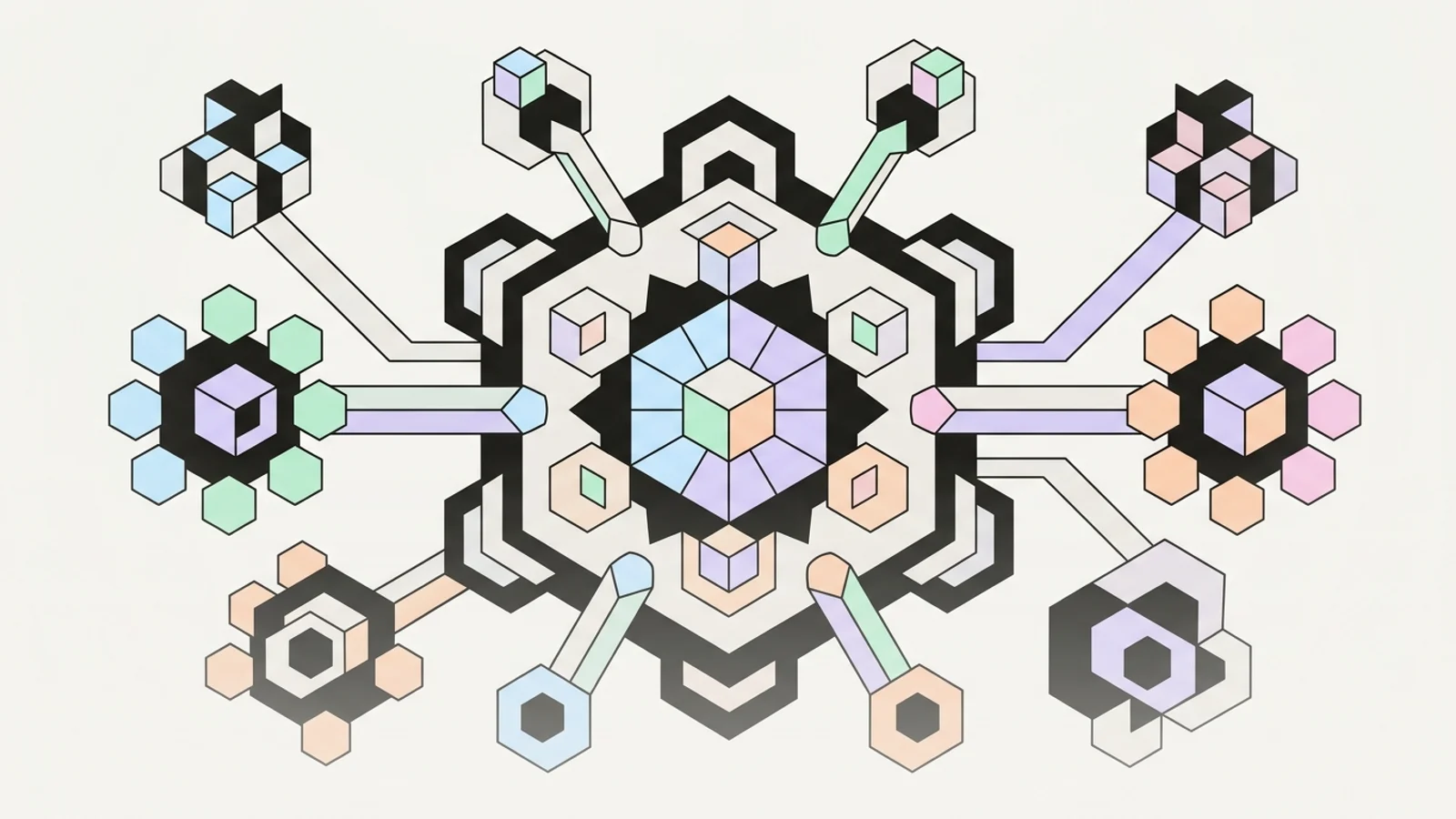 Abstract geometric illustration built from precise, deliberate shapes, illustrating: Topic Clusters